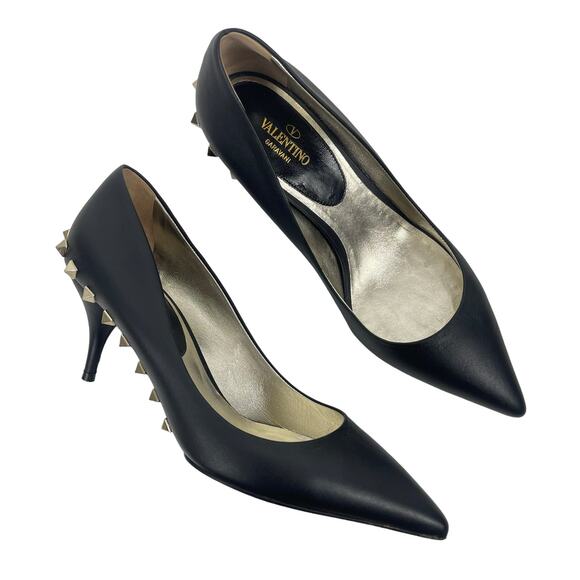 Valentino Garavani Jaw Rockstuds Pointed Toe Pumps Leather Black Size 37 - Picture 1 of 12